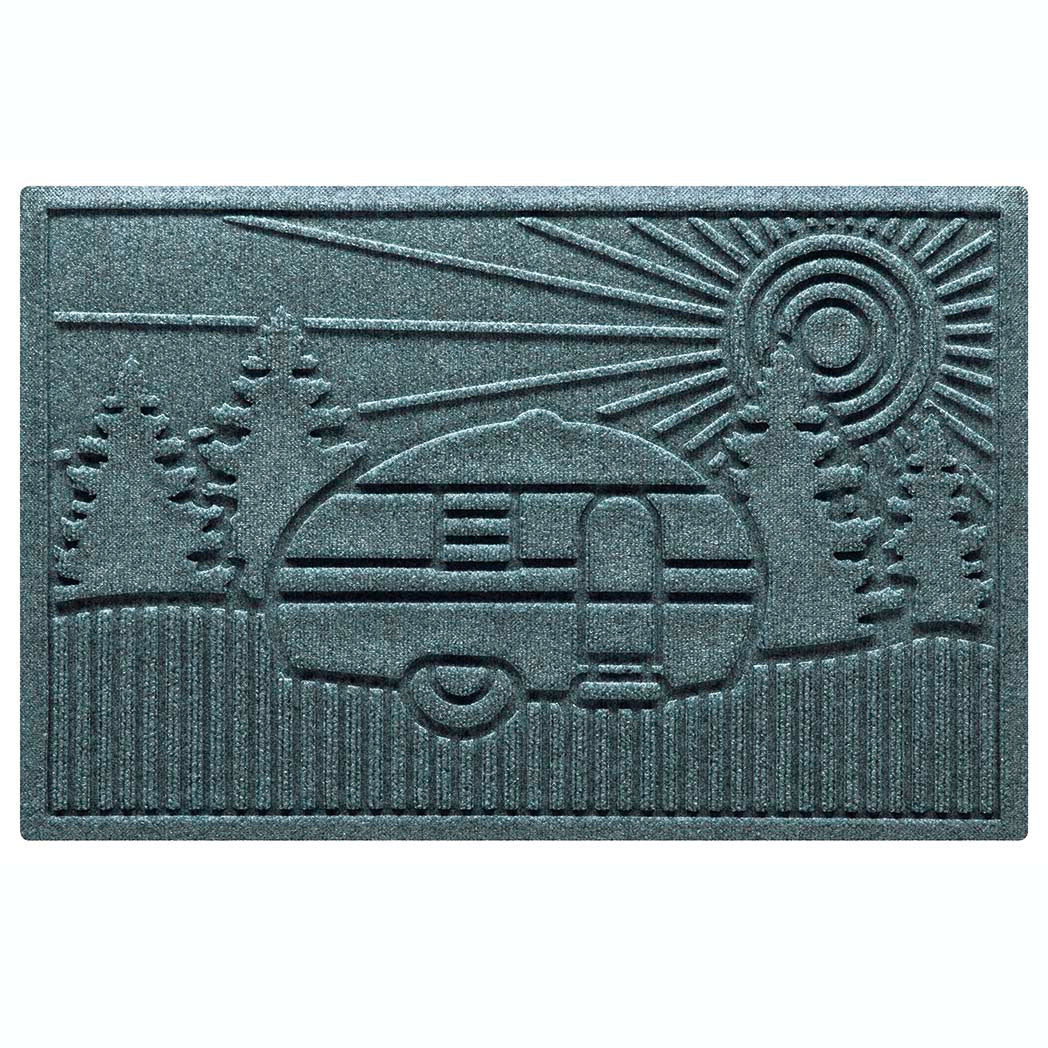 Outdoor WaterHog doormat with a fun streamline camper design to place at the door of any rv or pull behind trailer in a bluestone color; rubber-backed and made in the USA.