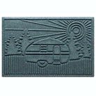 Outdoor WaterHog doormat with a fun streamline camper design to place at the door of any rv or pull behind trailer in a bluestone color; rubber-backed and made in the USA.