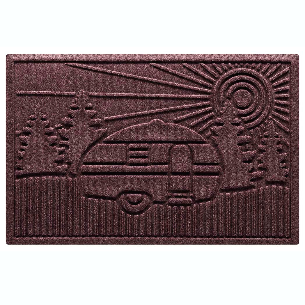 Indoor/Outdoor WaterHog RV Doormat in a deep Maroon color with a design of an RV in the woods with a sunset.