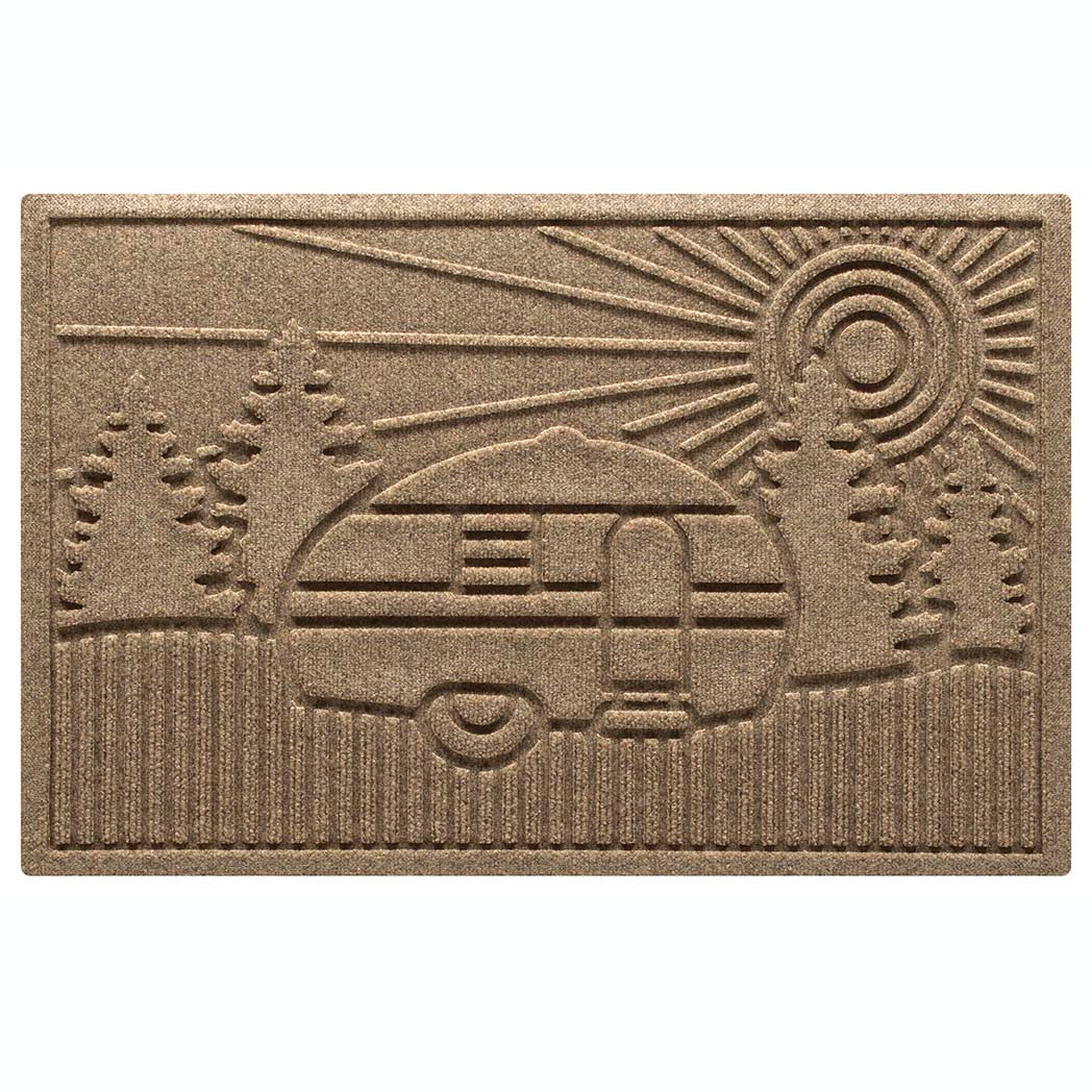 Outdoor scraper WaterHog RV Doormat in a tan color with a design of an RV at a campsite with the sunset.