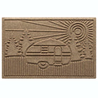 Outdoor scraper WaterHog RV Doormat in a tan color with a design of an RV at a campsite with the sunset.
