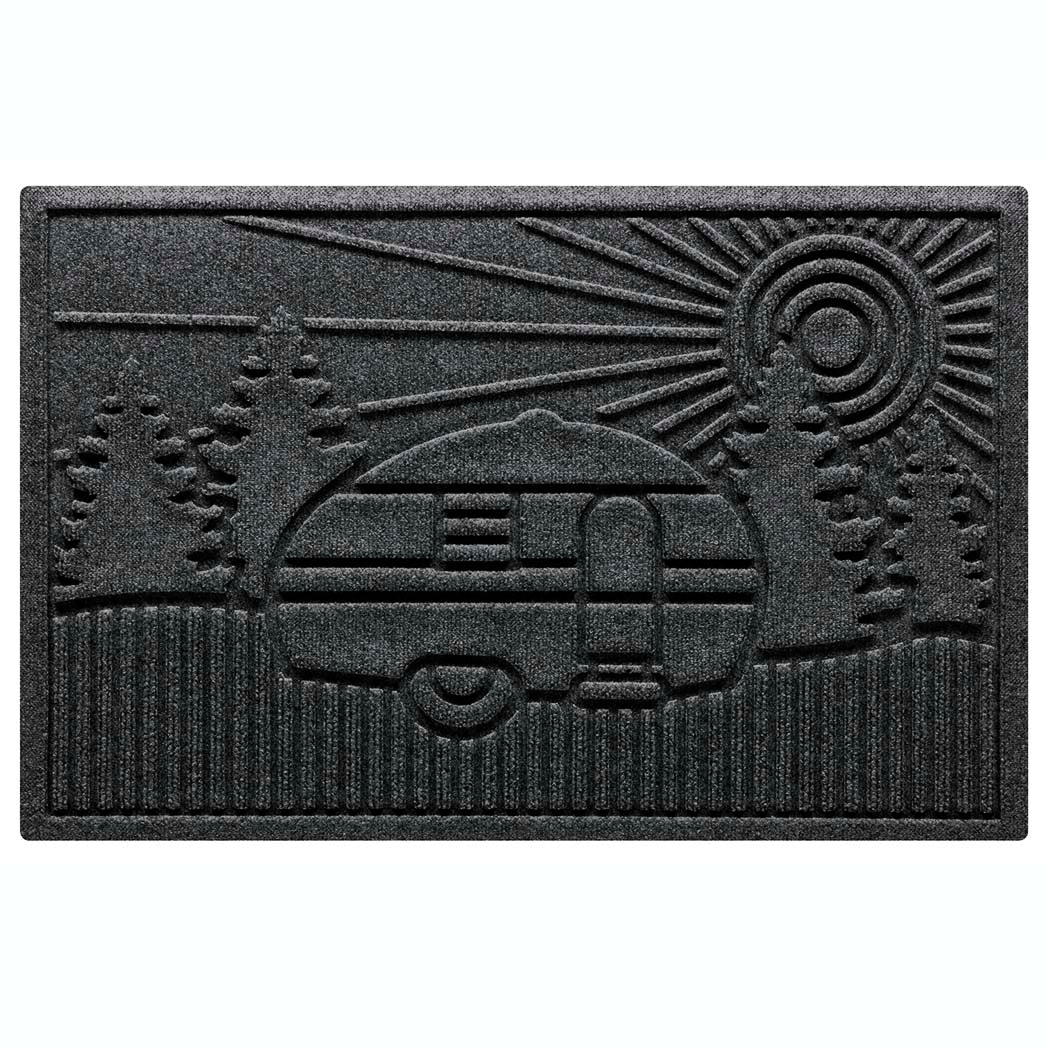 All-Weather Waterhog RV Doormat in a dark grey with a design of an RV in the forest with a sunset.