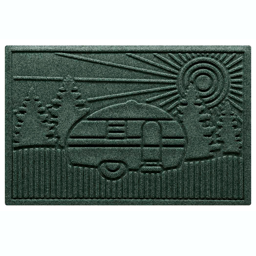 Outdoor WaterHog Door Mat in a dark green color with a design displaying an RV out in nature with a sunset.