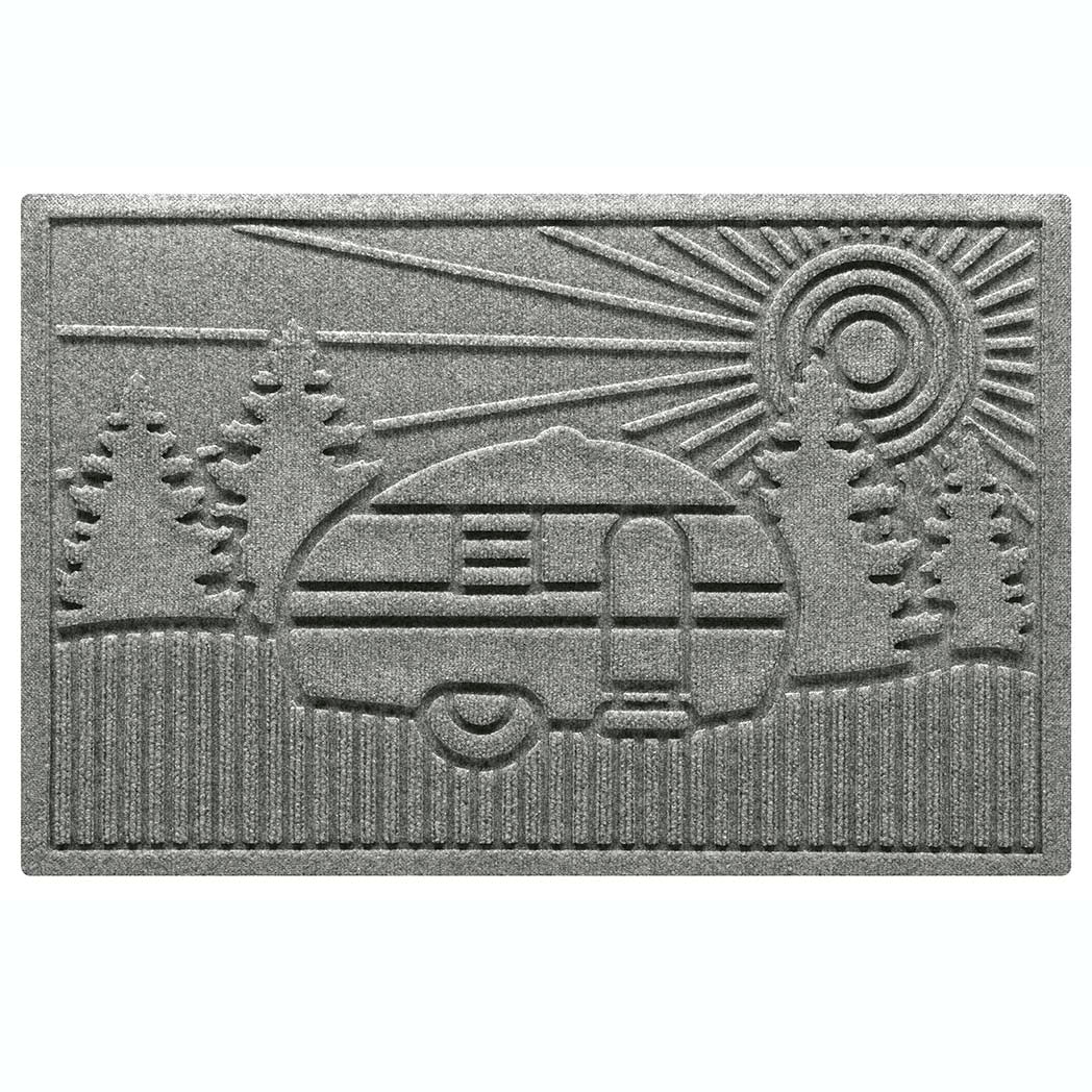 All-weather WaterHog RV Doormat in a light grey with a design of an RV in the woods with a sunset.