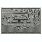 All-weather WaterHog RV Doormat in a light grey with a design of an RV in the woods with a sunset.