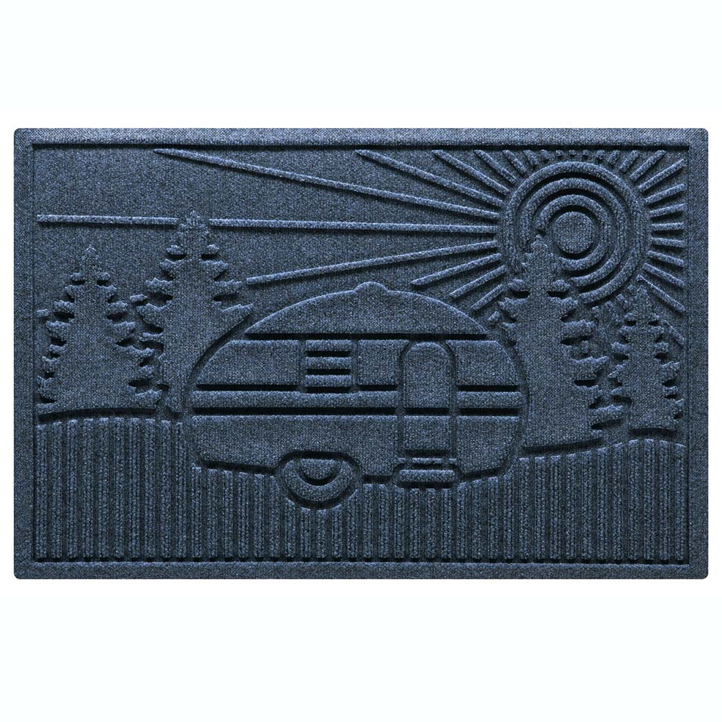 Heavy duty WaterHog RV Doormat in navy blue with a design of an RV at a campsite with a sunset.