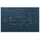 Heavy duty WaterHog RV Doormat in navy blue with a design of an RV at a campsite with a sunset.