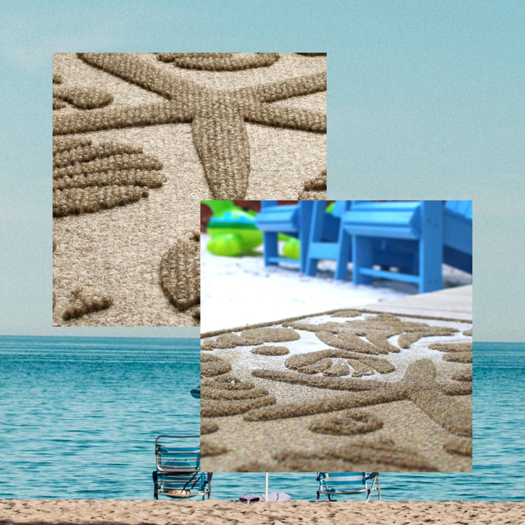 Two stacked images of WaterHog Beachcomber doormats weather-resistant, sand-collecting surface that great at helping preventing messes from the beach