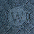 Overhead of a bi-level 'W' monogrammed mat with two circles around the 'W'