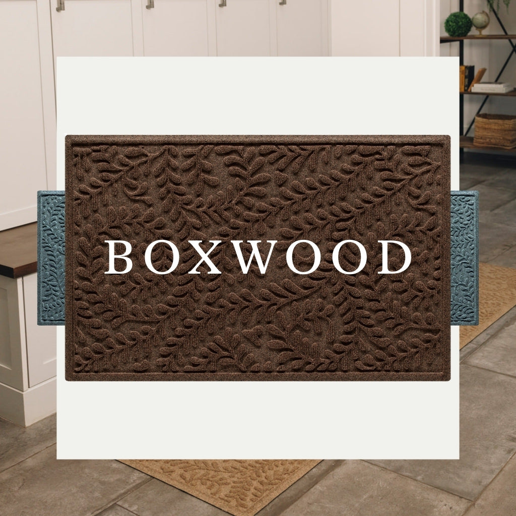 Stacked runner and doormat of WaterHog Boxwood design overlapping a runner in a mud room