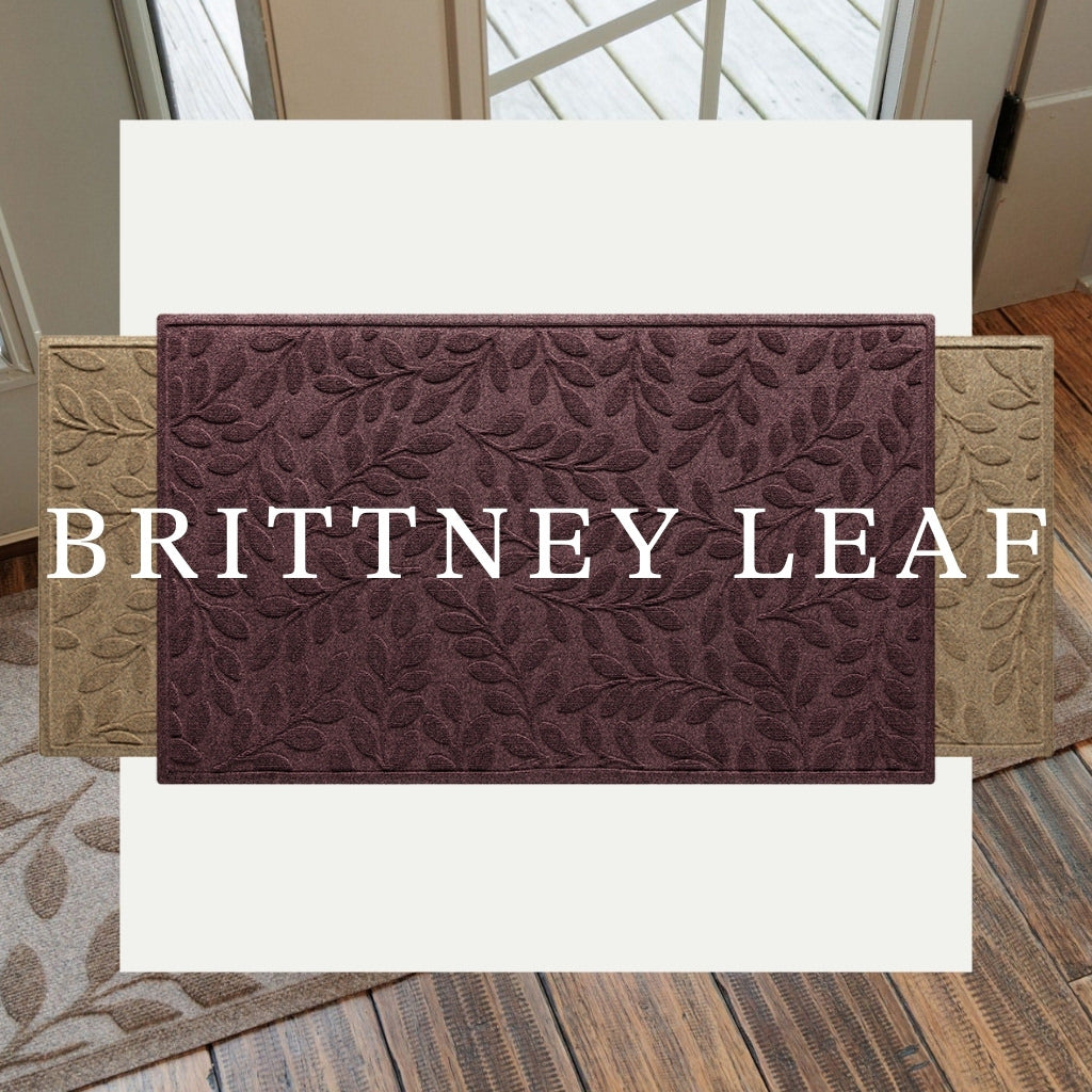 Matching Brittney Leaf doormat and runner stacked on top of each other, over a runner image at a door with 'BRITTNEY LEAF" typed across