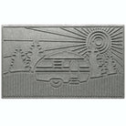 WaterHog All-weather Large Doormat in a light grey color with a design of an RV at a campsite with fir trees and a sunset.