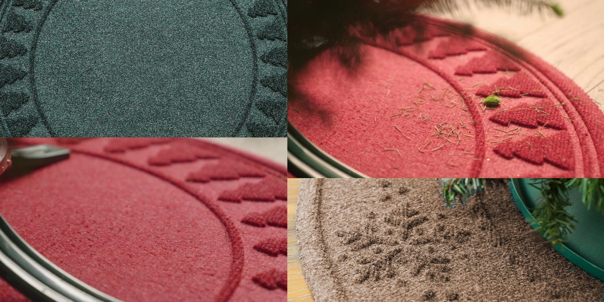 Collage of WaterHog Tree Skirts in various colors under a shedding Christmas tree