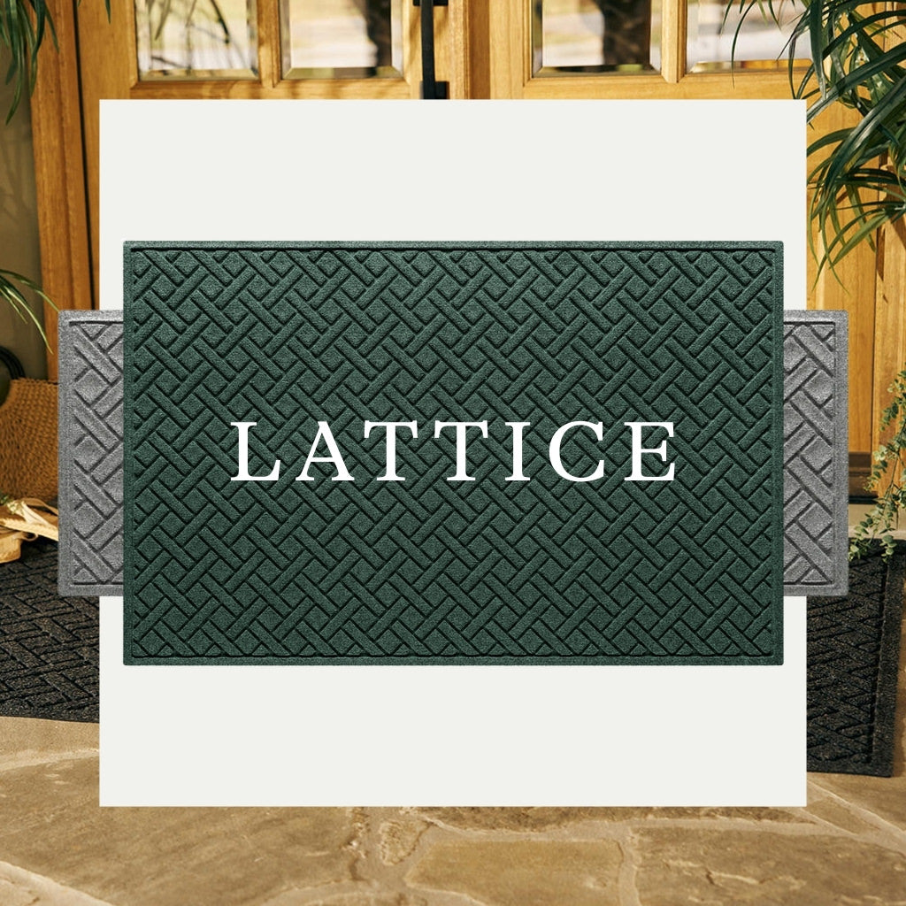 overlapping images of Lattice doormats and runners, on top of a XL Lattice doormat at a front door
