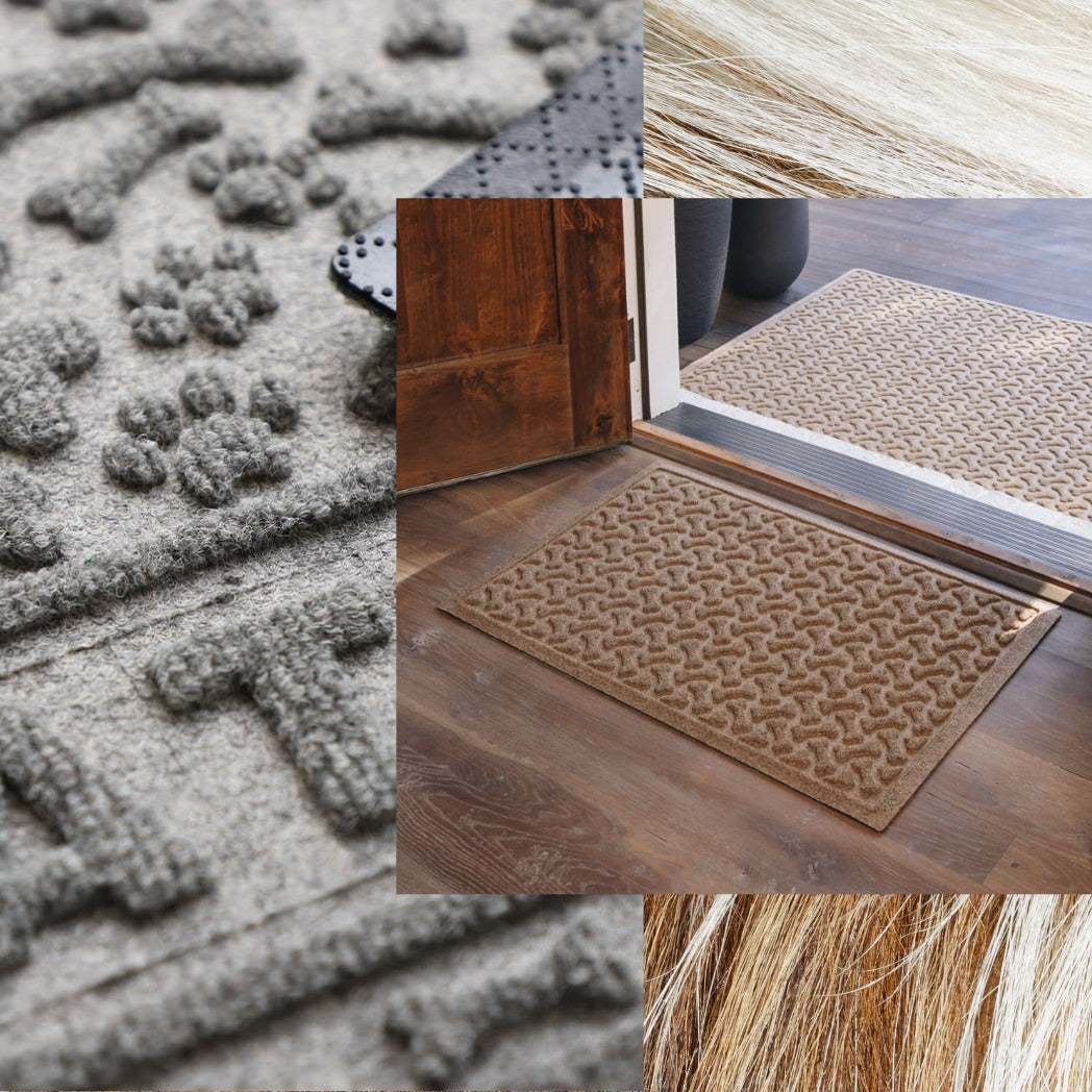 Three stacked images consisting of a WaterHog Dog Bones doormat on the top, a close up of a Pet Mat surface and a background of dog fur.