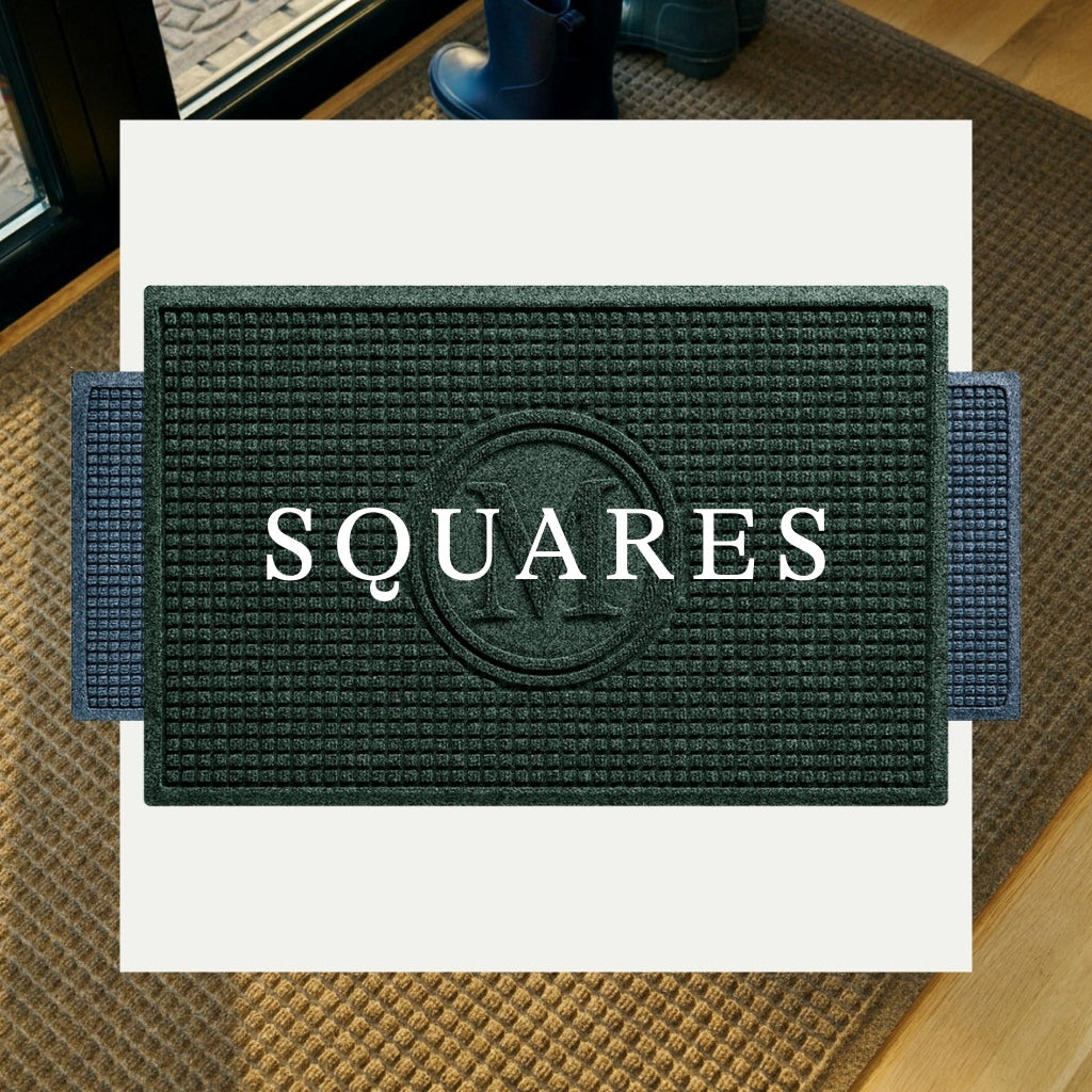 Stacked images of Squares Doormats and Runners set on an image of a Squares mat in use at a double door