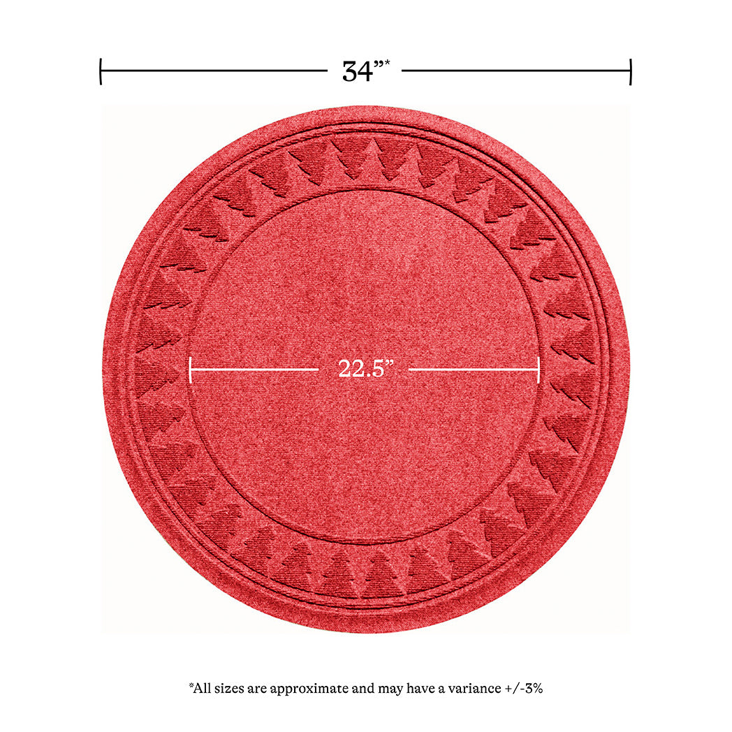 Overhead of the bright red Trees tree skirt showing the full width of 34 inches and an inner circle of 22.5 inches