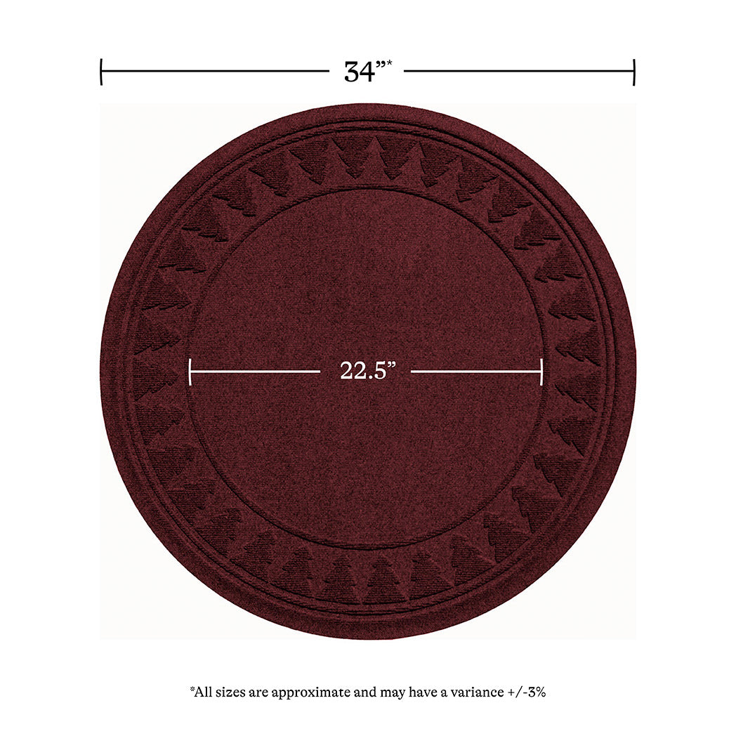 Overhead of the cranberry Trees tree skirt showing the full width of 34 inches and an inner circle of 22.5 inches