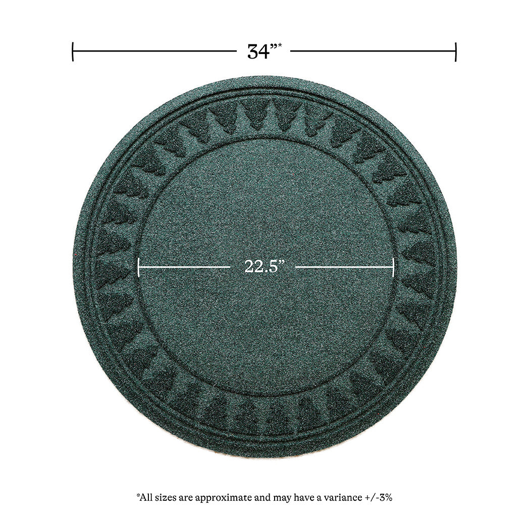Overhead of the evergreen Trees tree skirt showing the full width of 34 inches and an inner circle of 22.5 inches