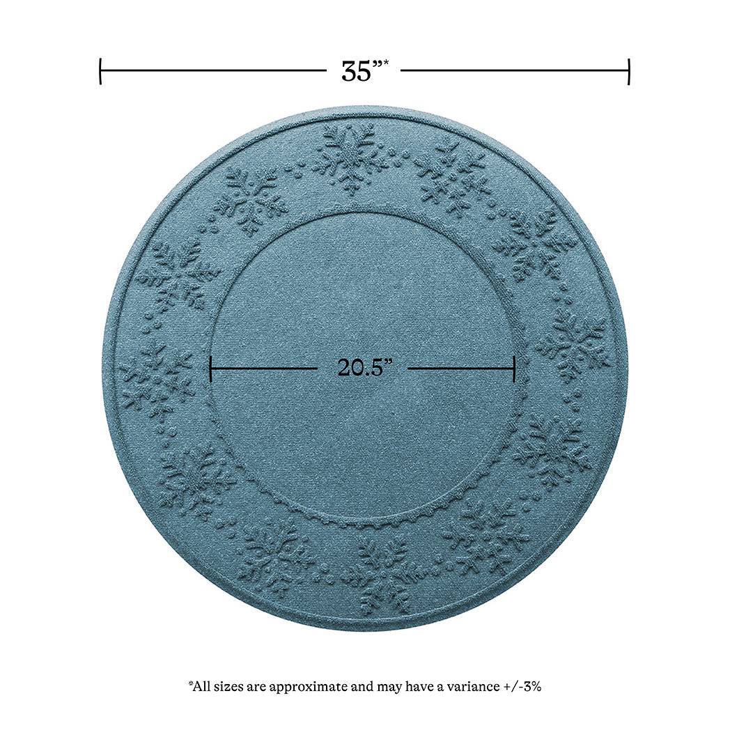 Overhead of the bluestone Snowflakes tree skirt showing the full width of 35 inches and an inner circle of 20.5 inches