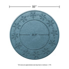Overhead of the bluestone Snowflakes tree skirt showing the full width of 35 inches and an inner circle of 20.5 inches