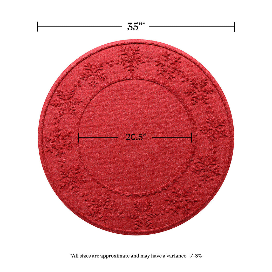 Overhead of the bright red Snowflakes tree skirt showing the full width of 35 inches and an inner circle of 20.5 inches