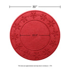 Overhead of the bright red Snowflakes tree skirt showing the full width of 35 inches and an inner circle of 20.5 inches