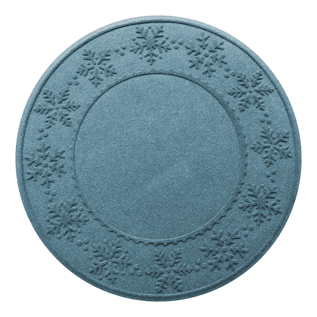 Round light blue WaterHog Tree Skirt with snowflake patterns on a white background