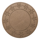 Round tan WaterHog Tree Skirt with snowflake patterns on an eco friendly surface on a white background