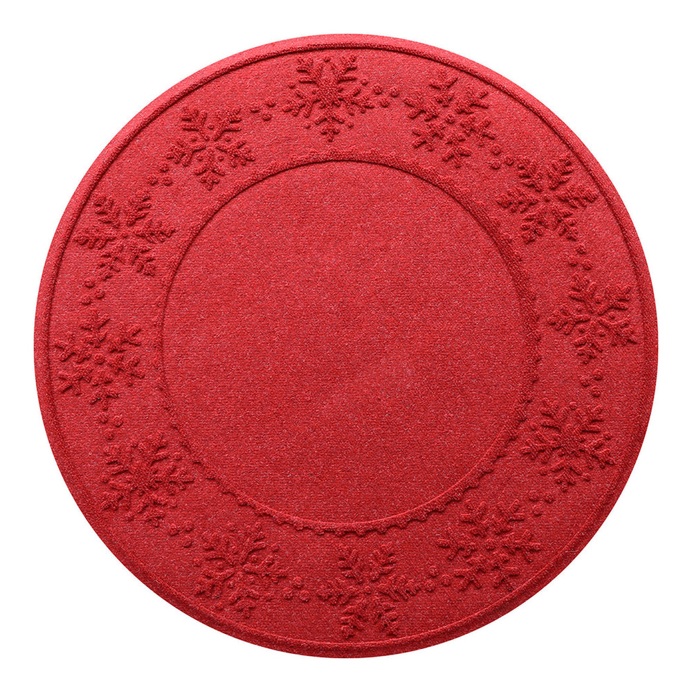 Circular WaterHog Tree Skirt in a BRIGHT red with snowflake patterns with durable rubber backing on a white background