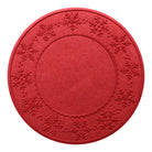 Circular WaterHog Tree Skirt in a BRIGHT red with snowflake patterns with durable rubber backing on a white background