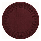 Overhead of a deep red WaterHog tree skirt with a tree stamp pattern around the edge on a white background