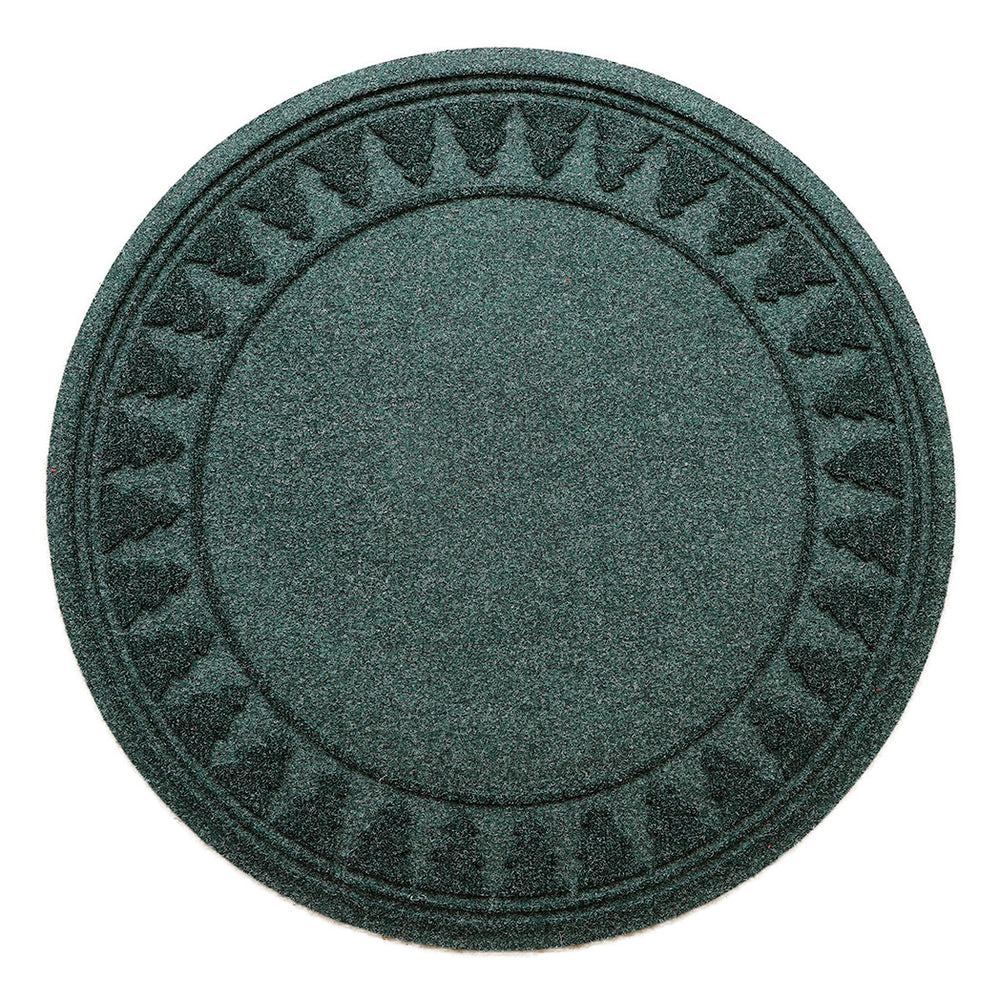 Round, deep green WaterHog tree skirt mat with a tree pattern around the rim on a white background