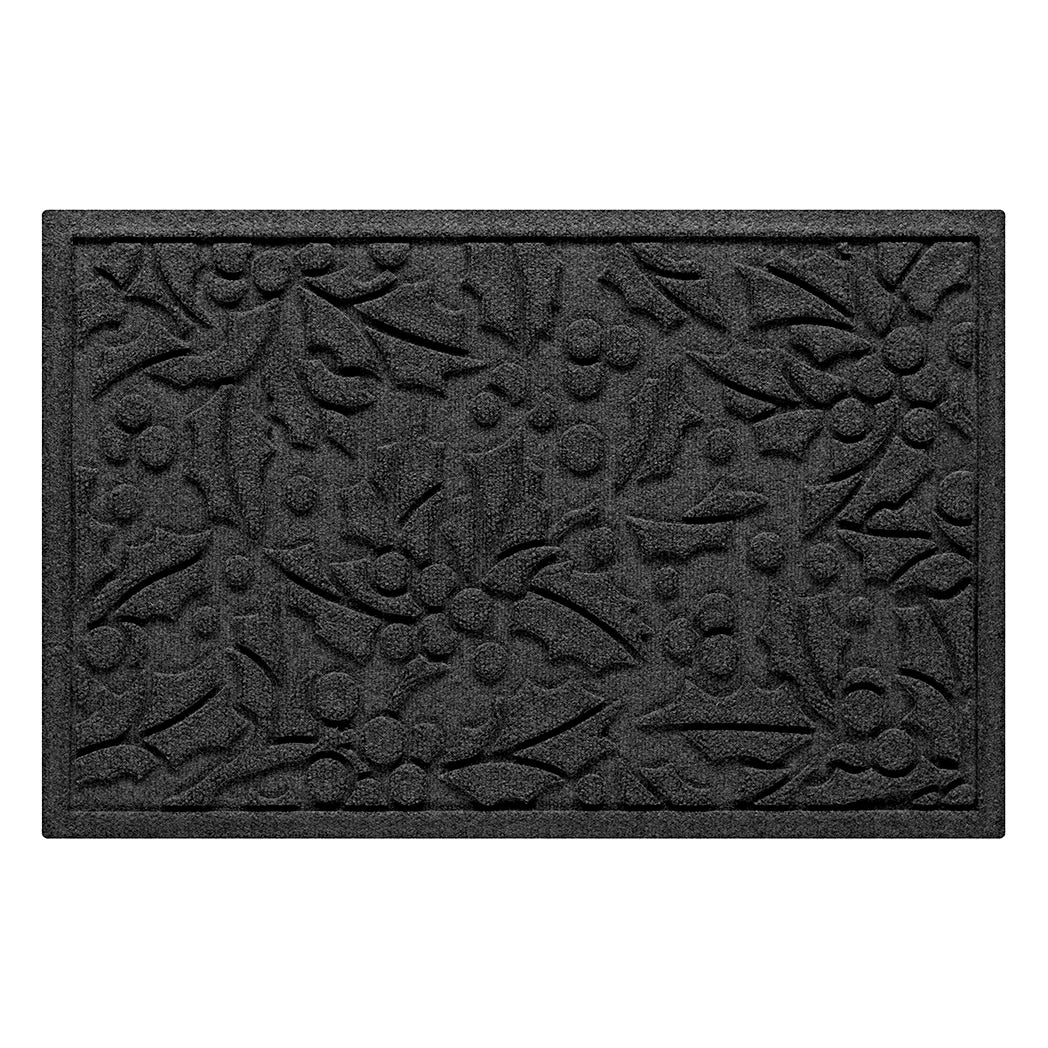 Dark grey doormat with holiday holly bi-level pattern on a white background