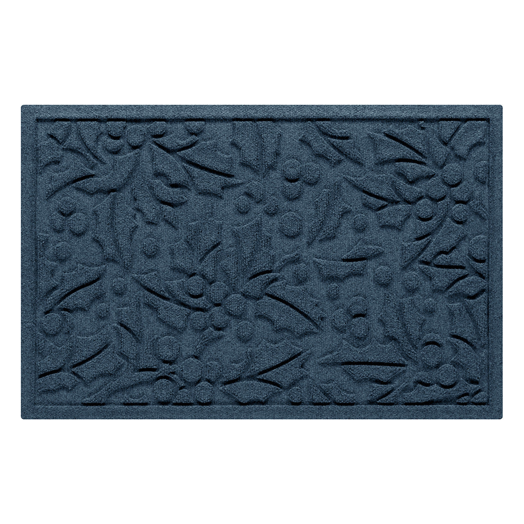Navy blue doormat with holly bi-level pattern on a white background