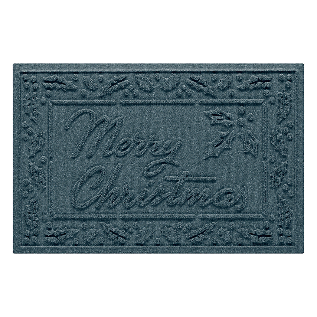 creamy blue doormat with 'Merry Christmas' text and decorative border on a white background