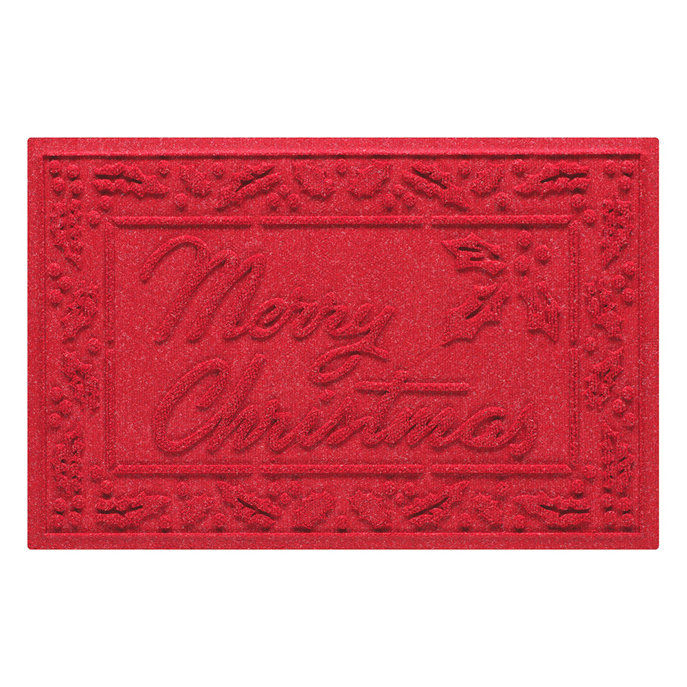 Bright red doormat with 'Merry Christmas' text and a holly decorative boarder on a white background