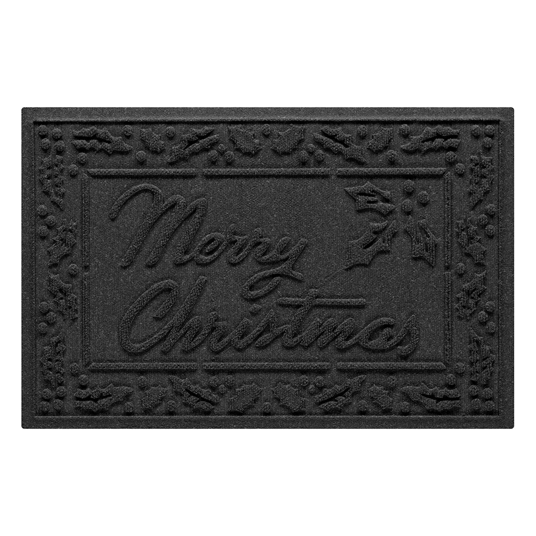 Black all-weather WaterHog doormat with 'Merry Christmas' text on a white background