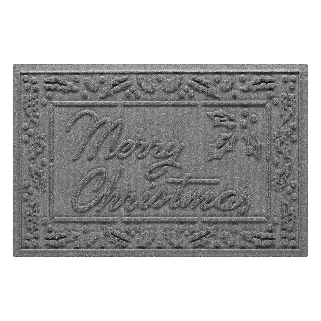 Gray doormat with 'Merry Christmas' text and decorative border on a white background