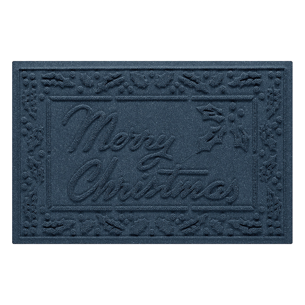 Navy blue doormat with a bi-level 'Merry Christmas' text and decorative border on a white background