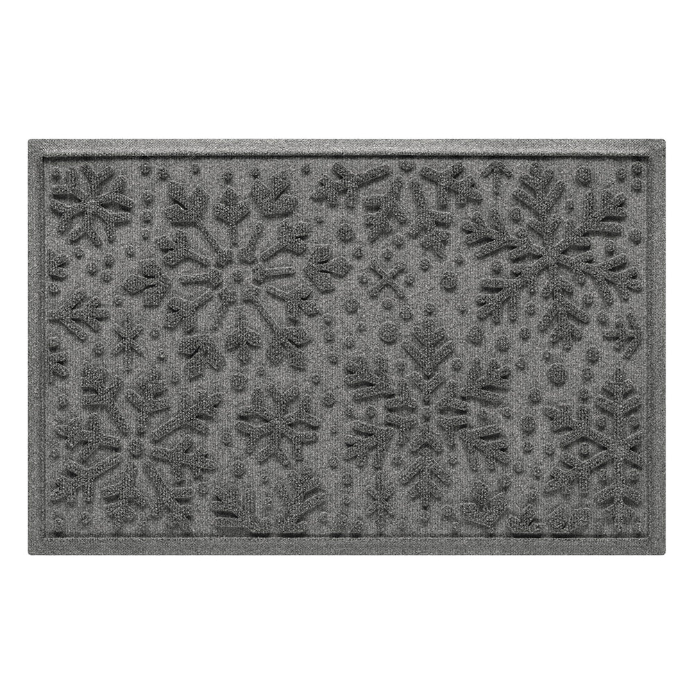 Gray doormat with bi-level snowflake pattern on a white background