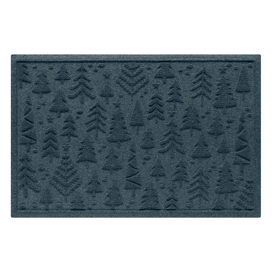 Blue bi-level doormat with repeating trees pattern on a white background