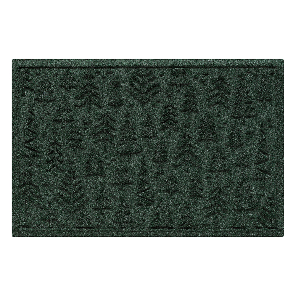 Dark green doormat with textured tree pattern on a white background