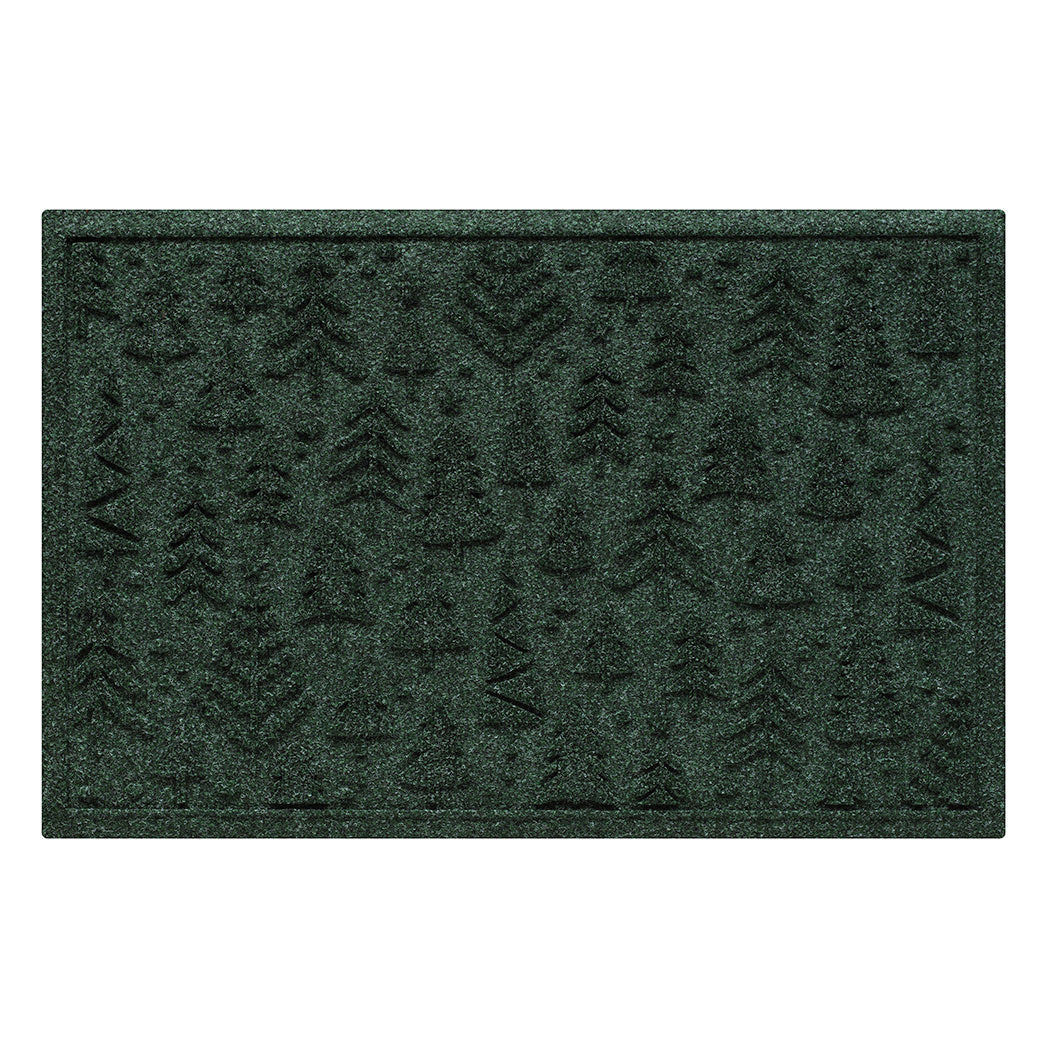 Dark green doormat with textured tree pattern on a white background