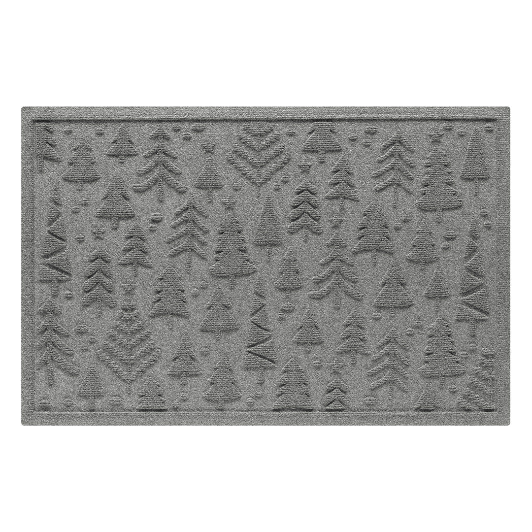 Gray doormat with repeating tree pattern on a white background