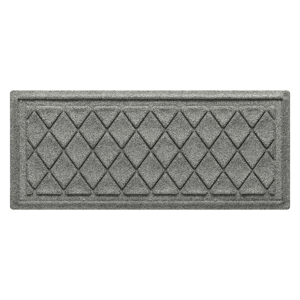 Overhead of a WaterHog Argyle luxury boot tray in a light grey interlocking diamond pattern, backed by Matterly's incredibly durable rubber backing.
