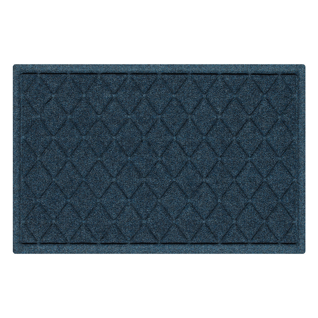 Overhead of a medium Argyle WaterHog indoor/outdoor door mat with a relaxed blue interlocking diamond pattern for a timeless design for upscaling any home.