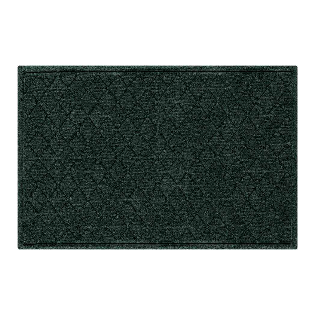 An authentic WaterHog large premium doormat with a deep green interlocking diamond pattern; an American-made mat.