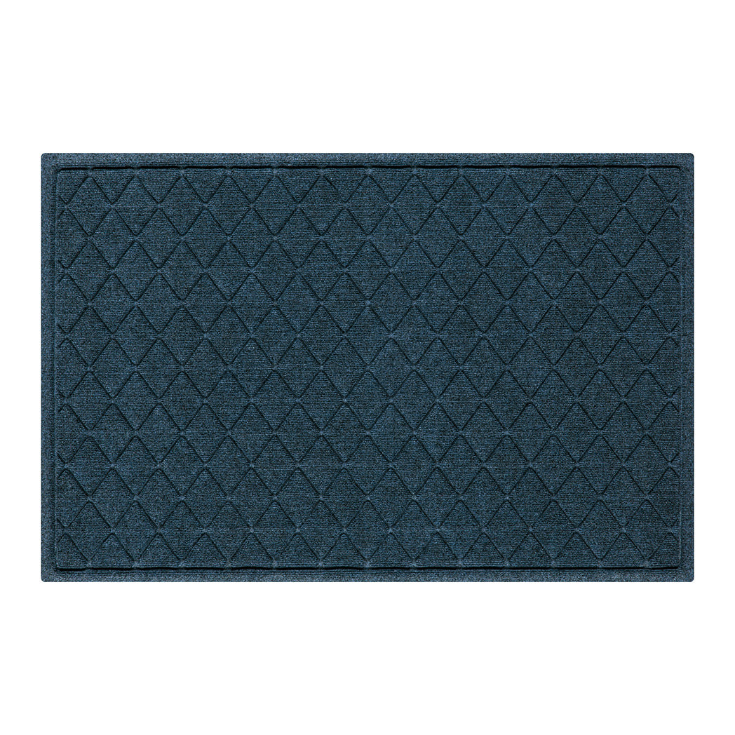 Overhead of a large Argyle outdoor door mat with a relaxed blue interlocking diamond pattern for maximum surface scraping.