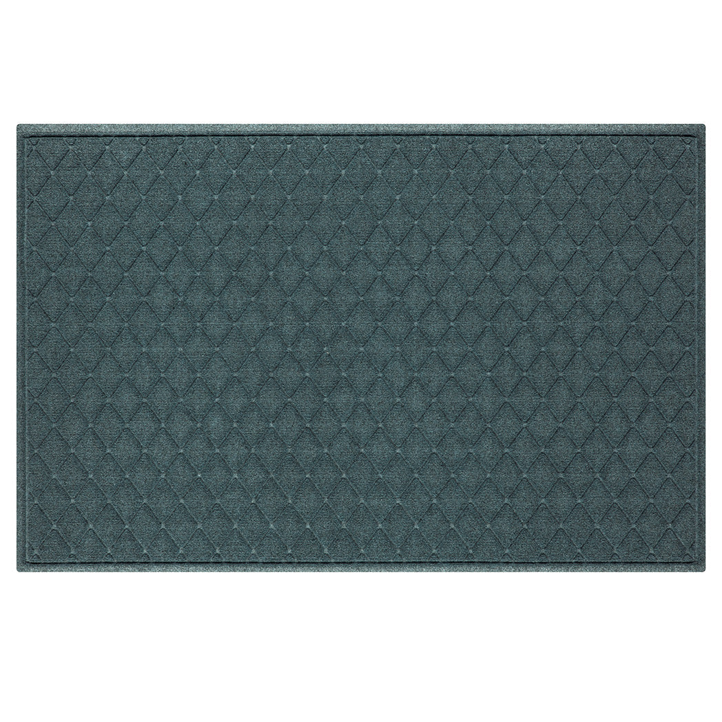 An Argyle WaterHog XL outdoor doormat with a light blue/grey interlocking diamond pattern on a bi-level surface for maximum cleaning.